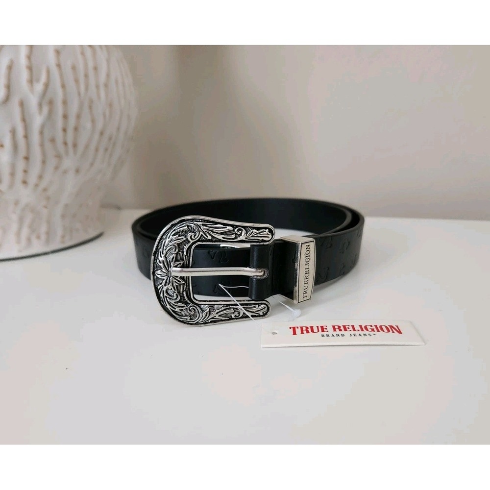 TRUE RELIGION Womens Black Belt Western Embellished Silver Buckle Size L/XL